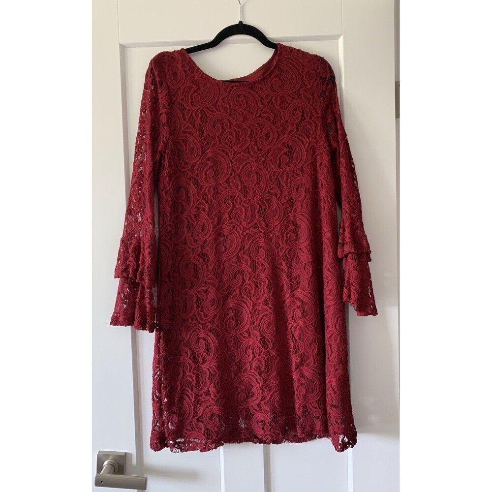 Tacera Women’s Size Medium Red Lace. Long Tier Ruffled Sleeves Round Neck Dress